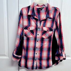 Zac & Rachel Pink Black Striped Roll Tab Collar Top Size XXL